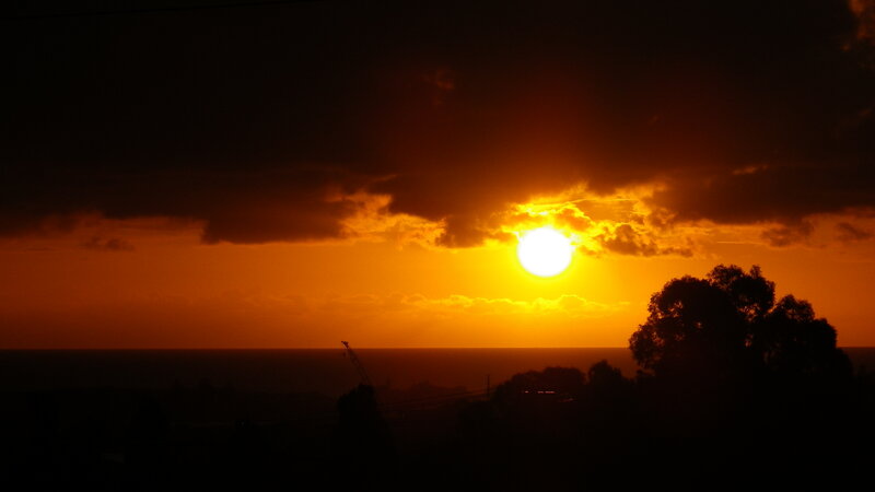 Sun Setting over Ocean — Orange, Dramatic, Sunset, Photograph, Clouds, Trees, Crane