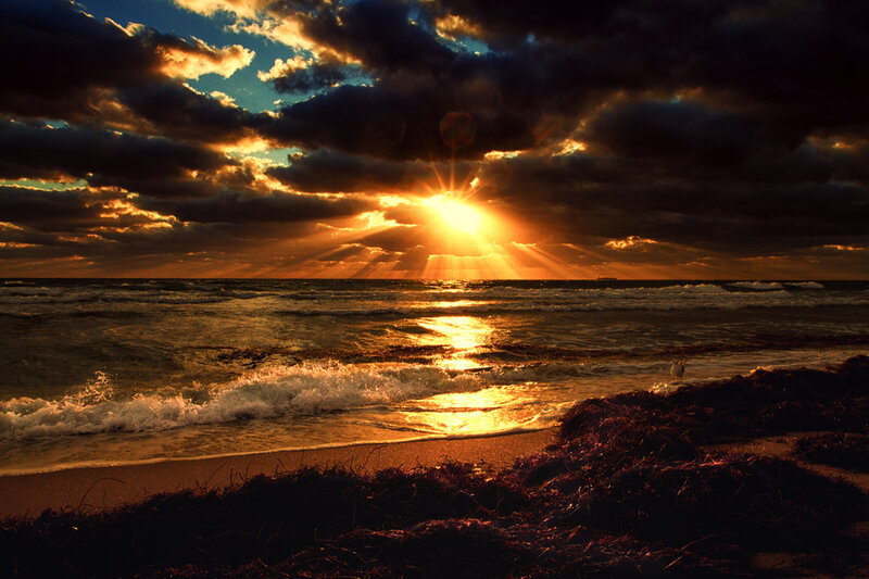 Sun Setting over Ocean — Orange, Dramatic, Sunset, Photograph, Clouds, Waves