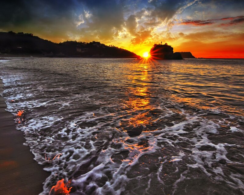 Sun Setting over Ocean — Orange, Dramatic, Sunset, Photograph, Mountain