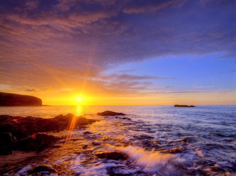 Sun Setting over Ocean — Orange, Dramatic, Sunset, Photograph, Rocks, Clouds, Sea