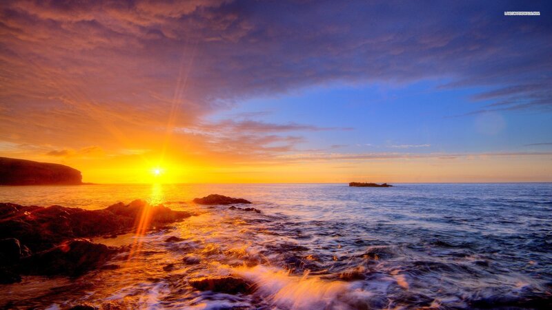 Sun Setting over Ocean — Orange, Dramatic, Sunset, Photograph, Rocks, Clouds