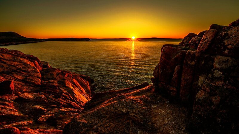 Sun Setting over Ocean — Orange, Dramatic, Sunset, Photograph, Rocks, Sea