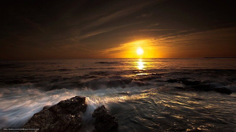 Sun Setting over Ocean — Orange, Dramatic, Sunset, Photograph, Rocks, Waves, Sky