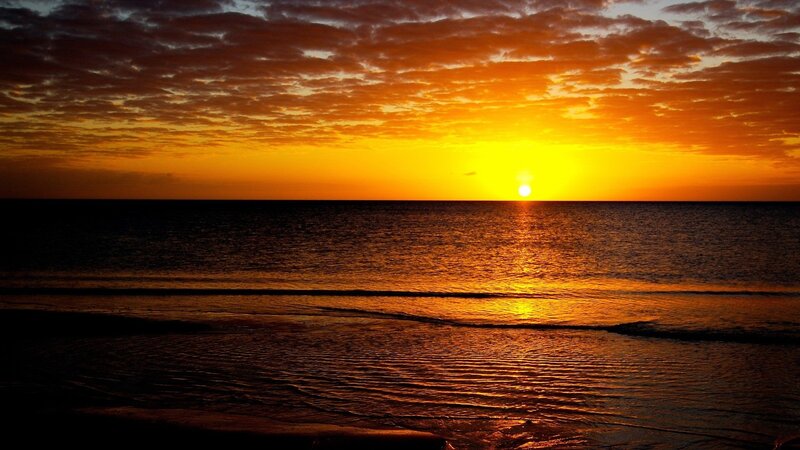 Sun Setting over Ocean — Orange, Dramatic, Sunset, Photograph, Sky, Clouds, Waves