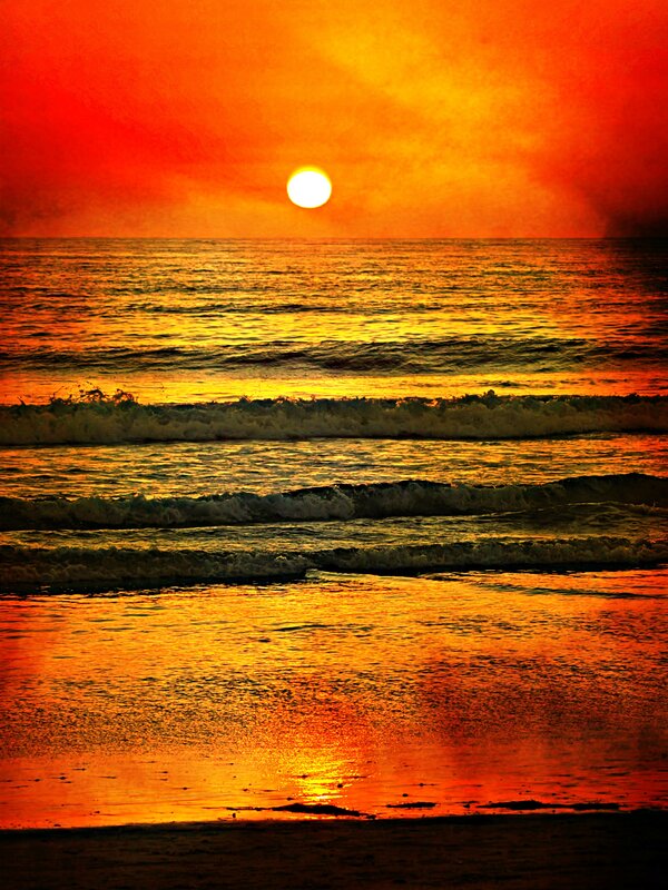 Sun Setting over Ocean — Orange, Dramatic, Sunset, Photograph, Waves, Beach