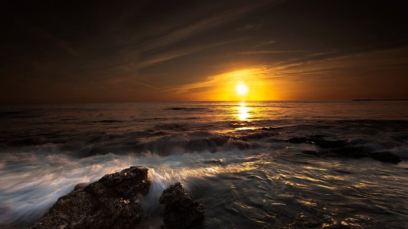 Sun Setting over Ocean — Orange, Dramatic, Sunset, Photograph, Waves, Rocks, Sky, Black