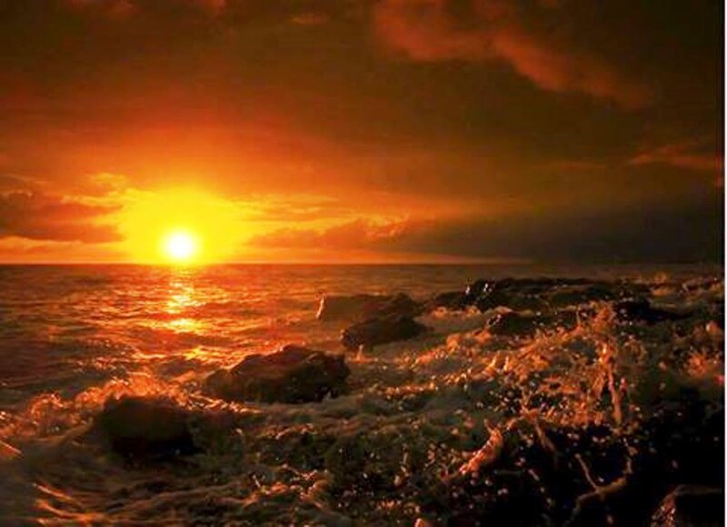 Sun Setting over Ocean — Orange, Dramatic, Sunset, Photograph, Waves, Rocks, Sky