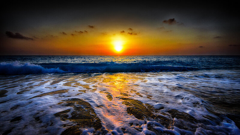 Sun Setting over Ocean — Orange, Dramatic, Sunset, Photograph, Waves, Sky