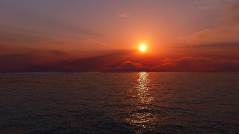 Sun Setting over Ocean — Orange, Serene, Sunset, Digital Art, Clouds