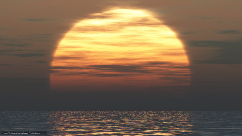 Sun Setting over Ocean — Orange, Serene, Sunset, Digital Art, Sky, Clouds