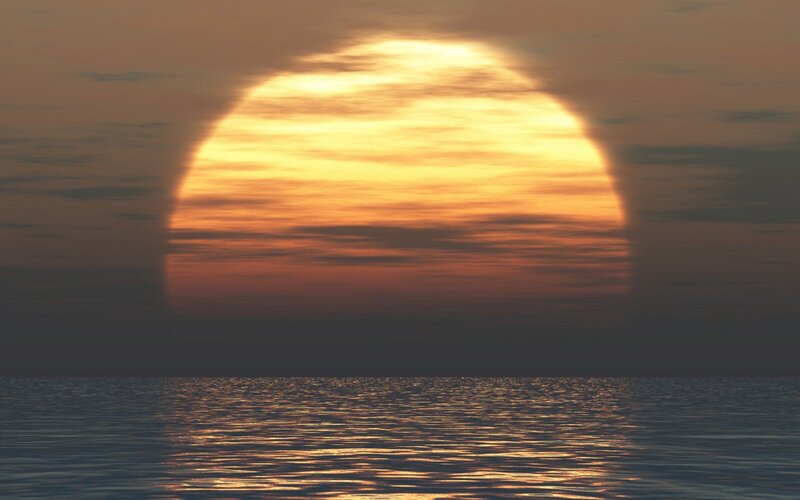 Sun Setting over Ocean — Orange, Serene, Sunset, Digital Art, Sky, Clouds, Water