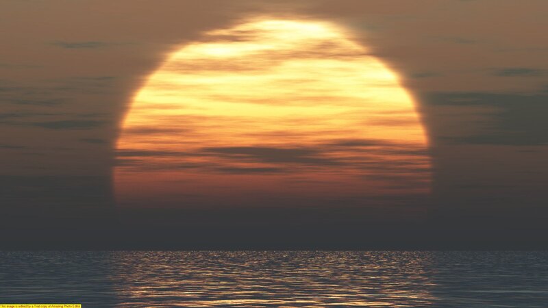 Sun Setting over Ocean — Orange, Serene, Sunset, Digital Art, Sky, Clouds, Yellow