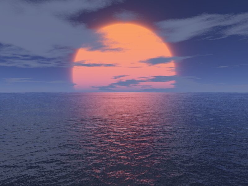 Sun Setting over Ocean — Orange, Serene, Sunset, Digital Art