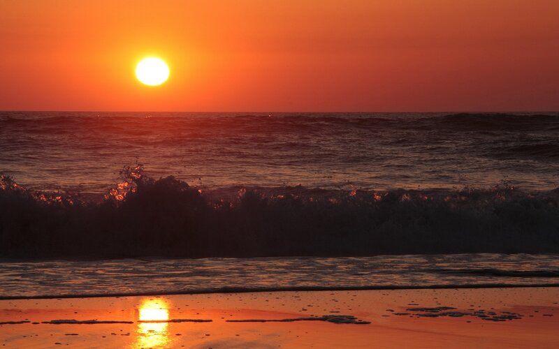 Sun Setting over Ocean — Orange, Serene, Sunset, Photograph, Beach, Red