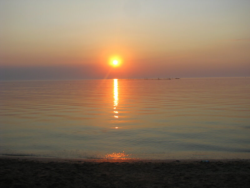 Sun Setting over Ocean — Orange, Serene, Sunset, Photograph, Beach, Reflection