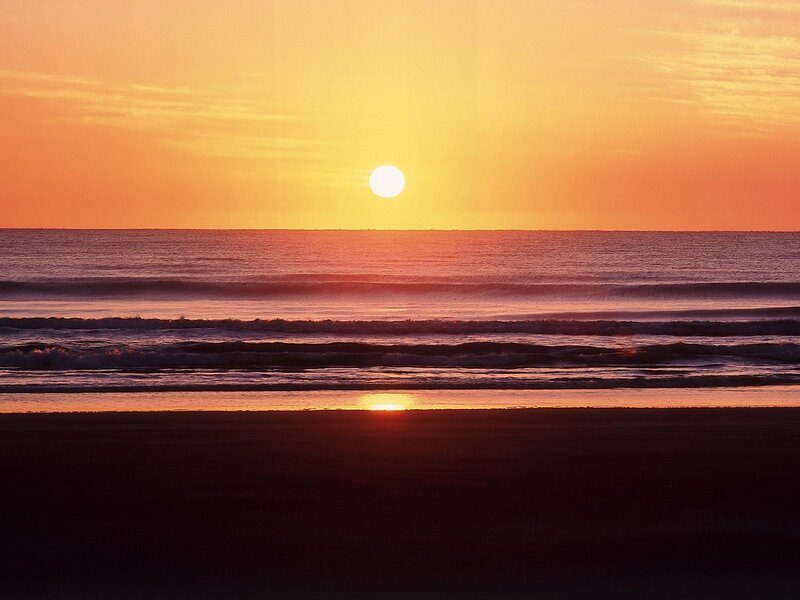 Sun Setting over Ocean — Orange, Serene, Sunset, Photograph, Beach, Sky, Yellow, Purple