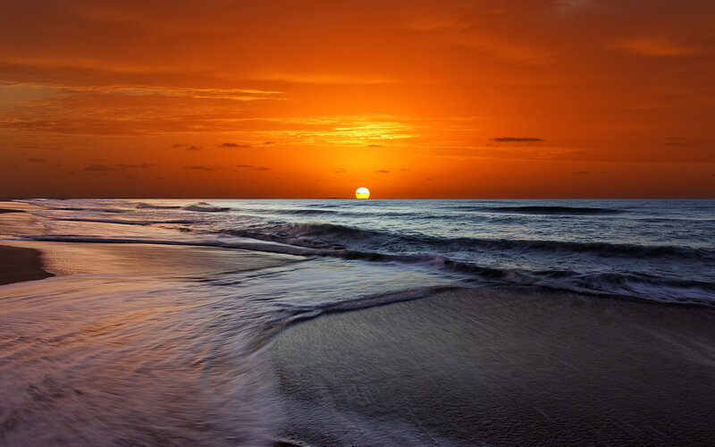 Sun Setting over Ocean — Orange, Serene, Sunset, Photograph, Beach