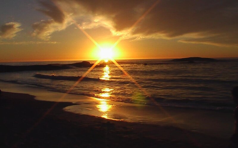 Sun Setting over Ocean — Orange, Serene, Sunset, Photograph, Beach, Waves, Clouds, Yellow, Dark Blue