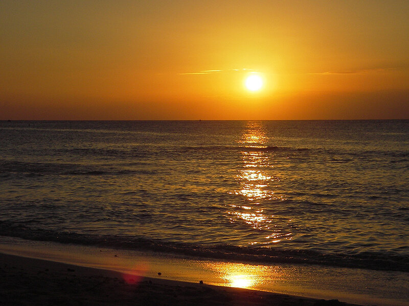 Sun Setting over Ocean — Orange, Serene, Sunset, Photograph, Beach, Waves, Sky