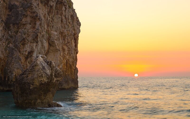 Sun Setting over Ocean — Orange, Serene, Sunset, Photograph, Cliff