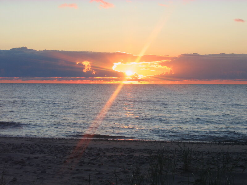 Sun Setting over Ocean — Orange, Serene, Sunset, Photograph, Clouds, Beach