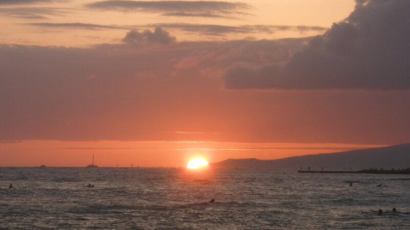 Sun Setting over Ocean — Orange, Serene, Sunset, Photograph, Clouds, Boat