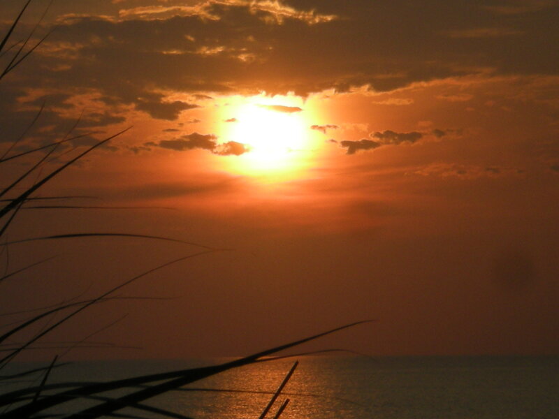 Sun Setting over Ocean — Orange, Serene, Sunset, Photograph, Clouds, Grass