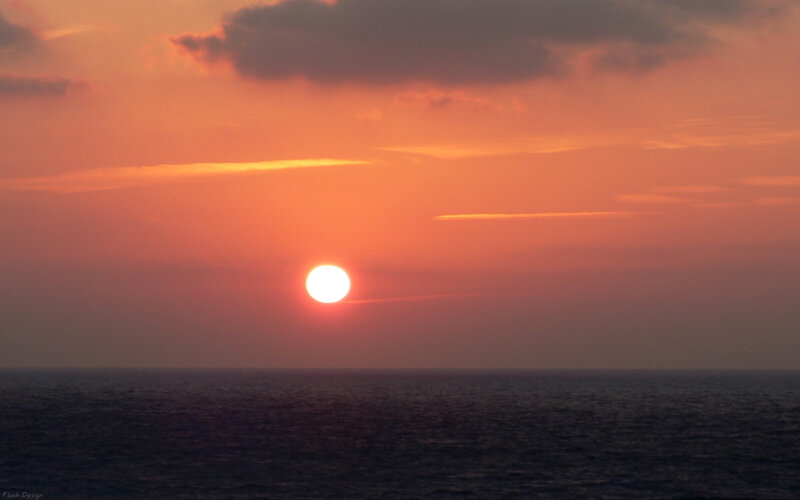 Sun Setting over Ocean — Orange, Serene, Sunset, Photograph, Clouds, Purple, Black