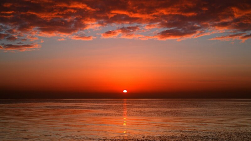 Sun Setting over Ocean — Orange, Serene, Sunset, Photograph, Clouds, Red, Blue