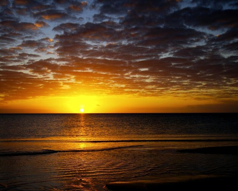 Sun Setting over Ocean — Orange, Serene, Sunset, Photograph, Clouds, Sea, Beach