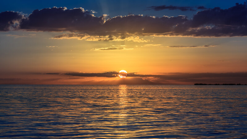 Sun Setting over Ocean — Orange, Serene, Sunset, Photograph, Clouds, Sea, Sky