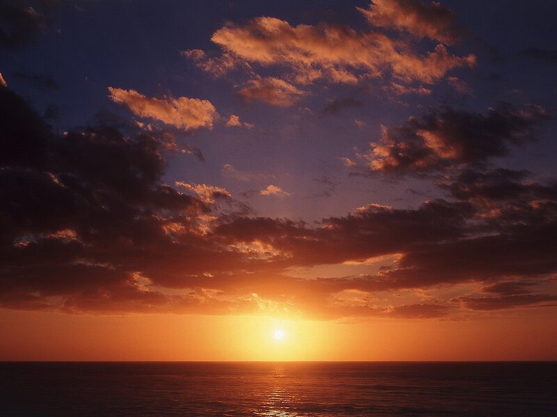 Sun Setting over Ocean — Orange, Serene, Sunset, Photograph, Clouds, Sky, Sea, Purple