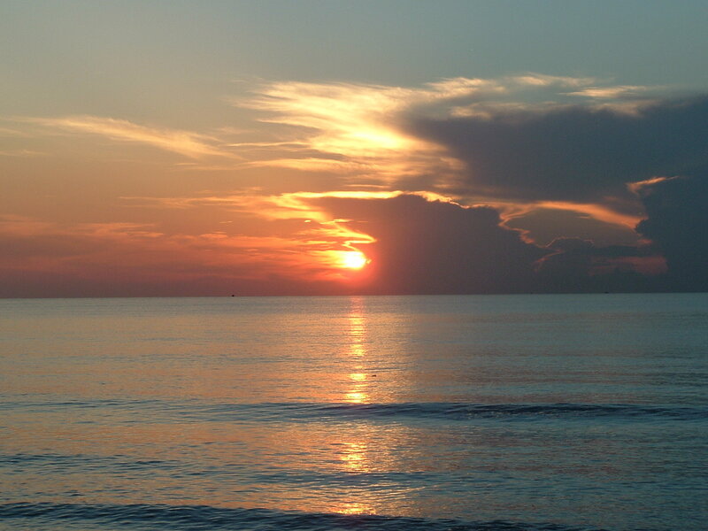 Sun Setting over Ocean — Orange, Serene, Sunset, Photograph, Clouds, Water, Blue, Yellow