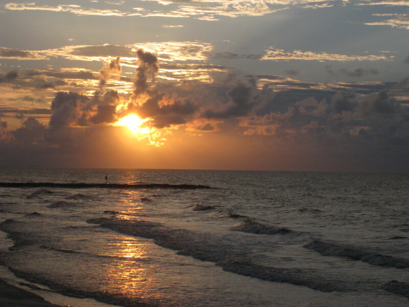 Sun Setting over Ocean — Orange, Serene, Sunset, Photograph, Clouds, Waves, Beach