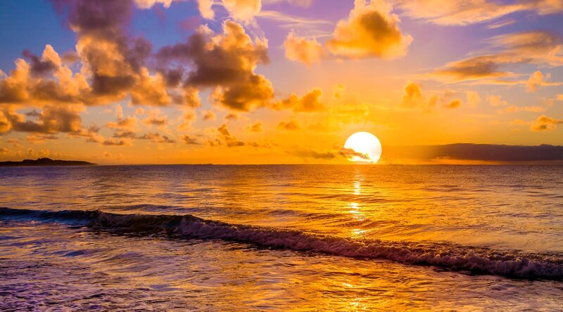 Sun Setting over Ocean — Orange, Serene, Sunset, Photograph, Clouds, Waves, Island