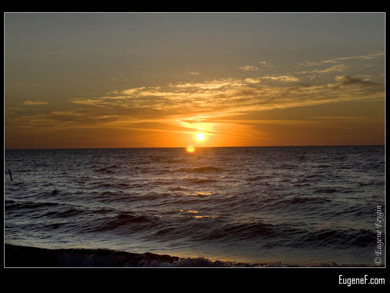 Sun Setting over Ocean — Orange, Serene, Sunset, Photograph, Clouds, Waves