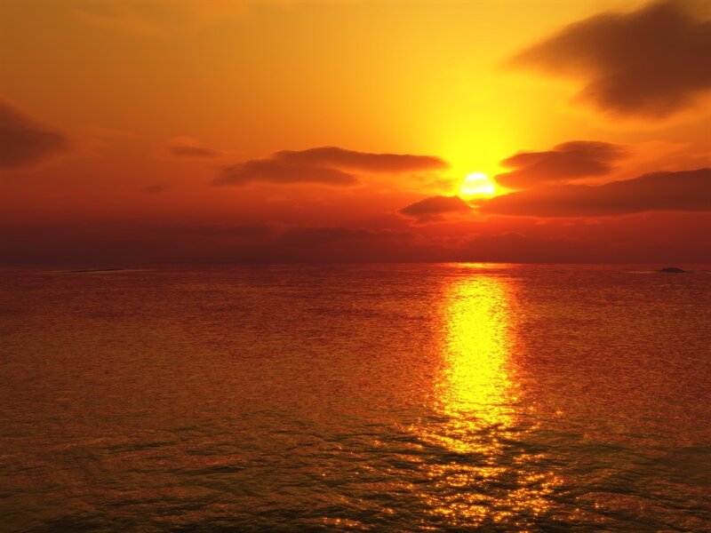 Sun Setting over Ocean — Orange, Serene, Sunset, Photograph, Clouds, Yellow, Red