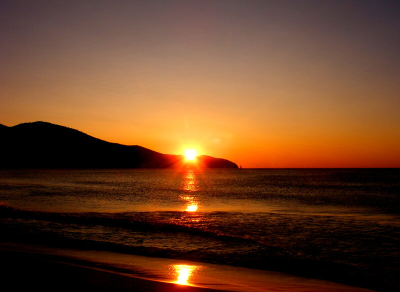 Sun Setting over Ocean — Orange, Serene, Sunset, Photograph, Mountain, Sea