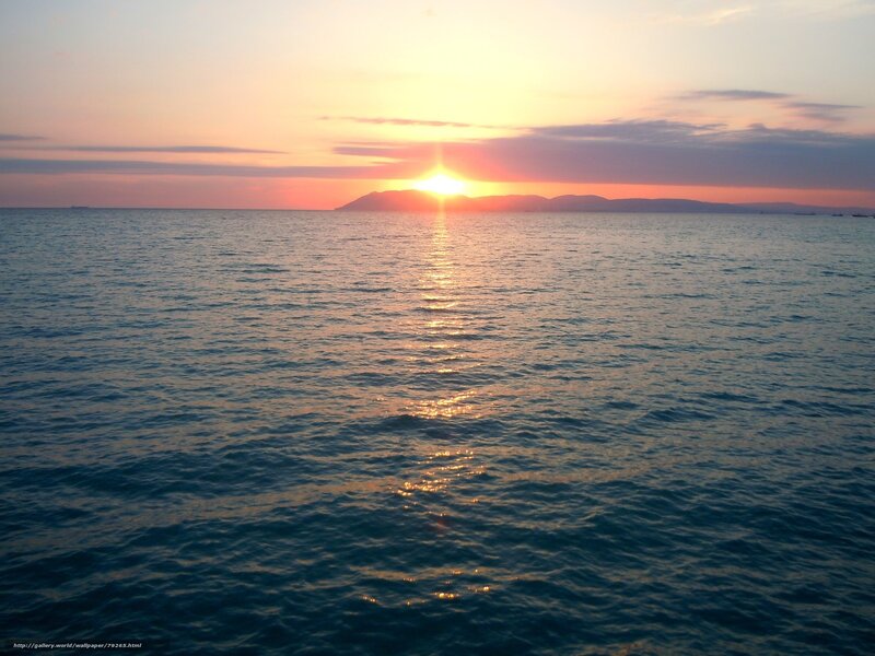 Sun Setting over Ocean — Orange, Serene, Sunset, Photograph, Mountain, Sky