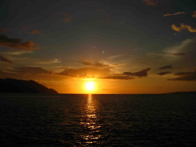 Sun Setting over Ocean — Orange, Serene, Sunset, Photograph, Mountain