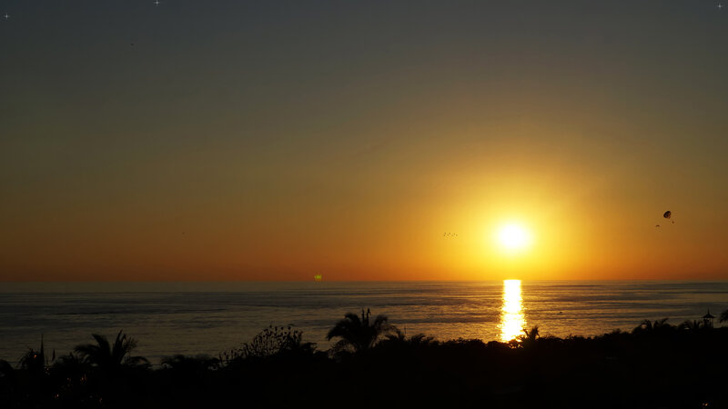 Sun Setting over Ocean — Orange, Serene, Sunset, Photograph, Palm Trees