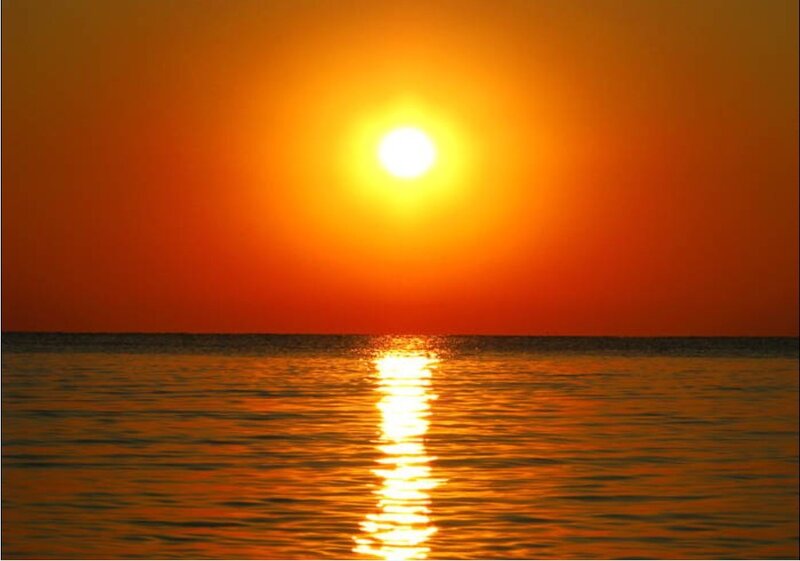 Sun Setting over Ocean — Orange, Serene, Sunset, Photograph, Reflection, Yellow