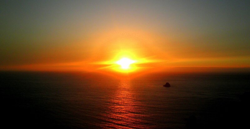 Sun Setting over Ocean — Orange, Serene, Sunset, Photograph, Rock