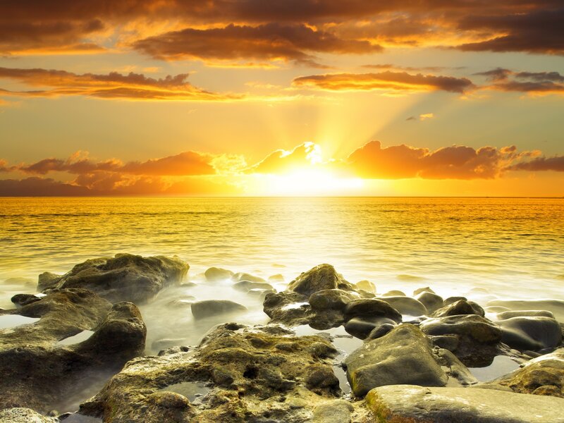 Sun Setting over Ocean — Orange, Serene, Sunset, Photograph, Rocks