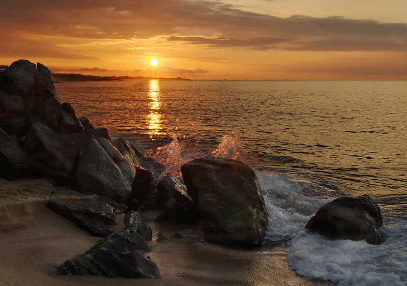 Sun Setting over Ocean — Orange, Serene, Sunset, Photograph, Rocks, Waves