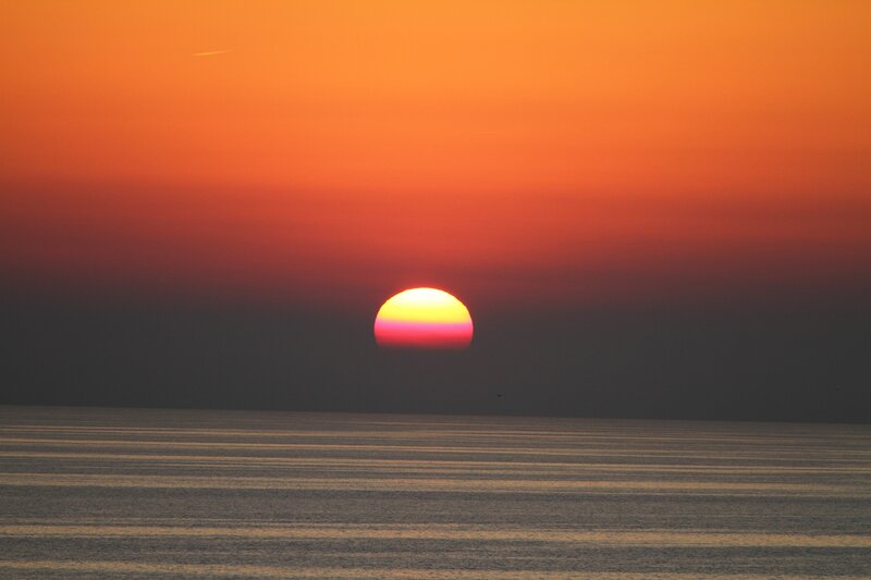 Sun Setting over Ocean — Orange, Serene, Sunset, Photograph, Sky, Bird, Red