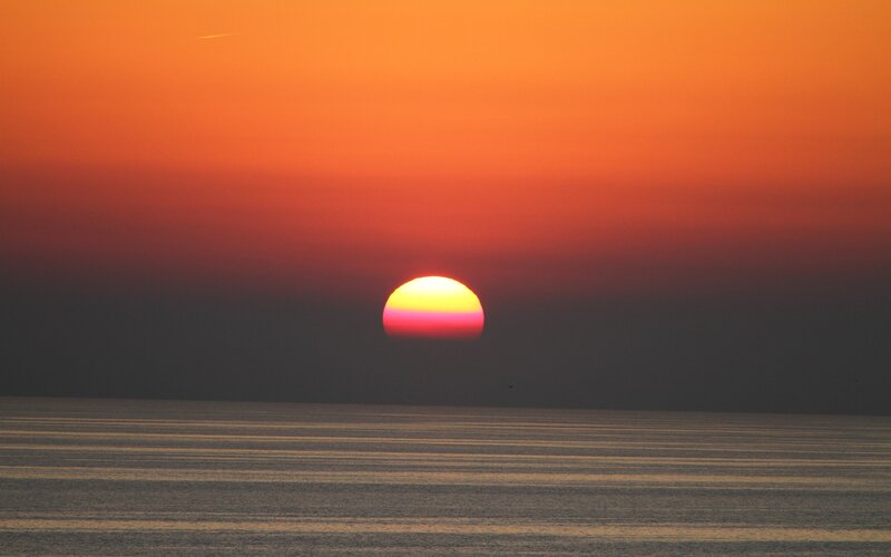 Sun Setting over Ocean — Orange, Serene, Sunset, Photograph, Sky, Bird