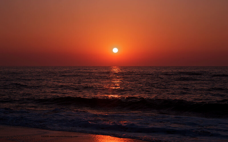 Sun Setting over Ocean — Orange, Serene, Sunset, Photograph, Sky, Sand, Red
