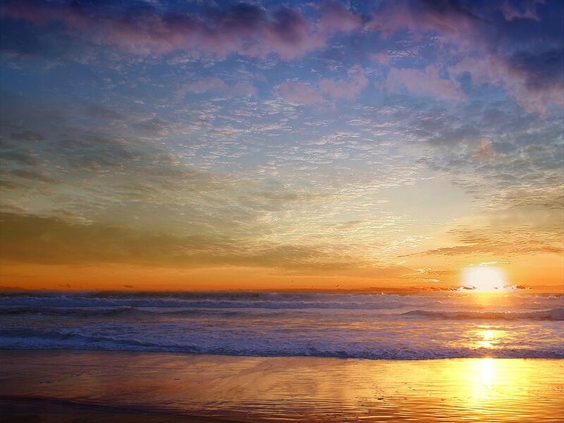 Sun Setting over Ocean — Orange, Serene, Sunset, Photograph, Sky, Waves