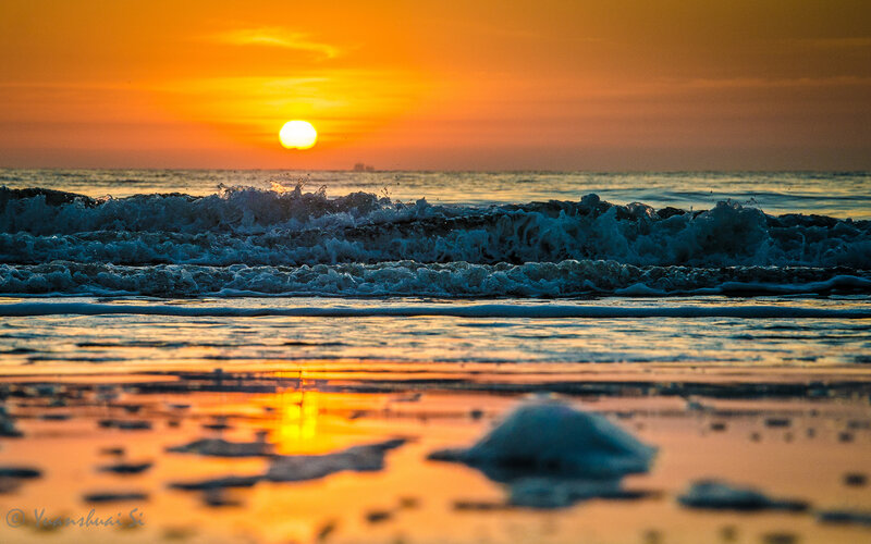 Sun Setting over Ocean — Orange, Serene, Sunset, Photograph, Waves, Sand